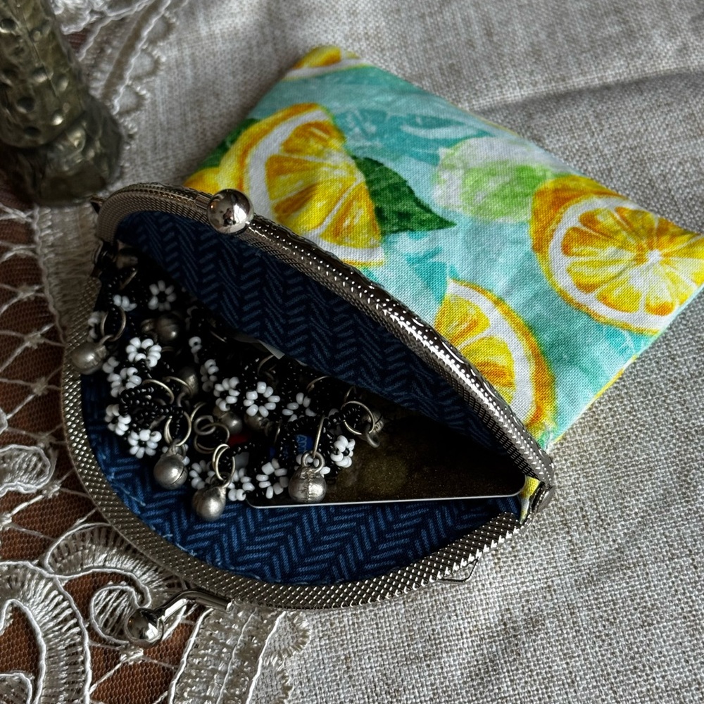 Spring Lemons Clutch Coin Purse with Navy Blue [Square] *The Emma*